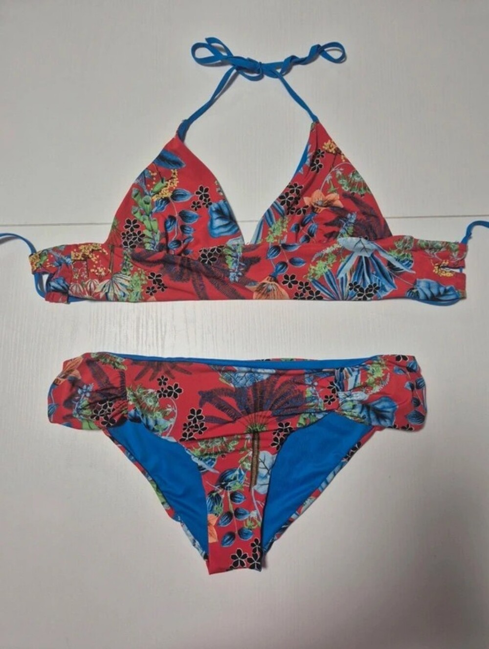 Girls' Red Tropical Floral Two-Piece Bikini with Blue Trim